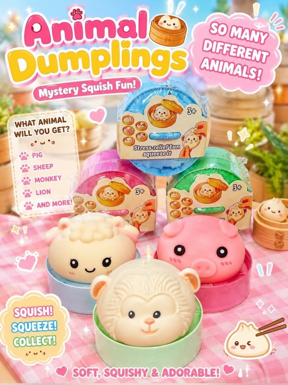 Animal Dumplings Mystery Squish Toy - Pink, Cream, White New in sealed container